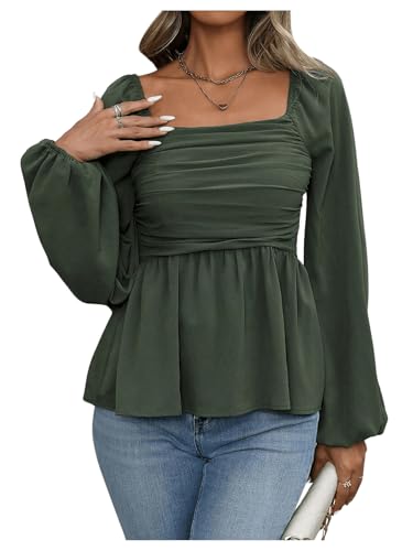 Floerns Women's Bishop Long Sleeve Ruched Square Neck Ruffle Hem Peplum Blouse Top Green Medium