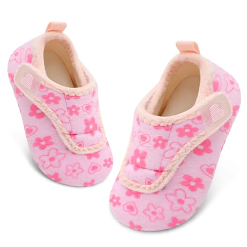 BARERUN Girls Slippers Warm Kids Slppers House Slippers With Non-Slip Rubber Sole Slip-on House Shoes Walking Shoes Indoor/Outdoor Flower 7-8 Toddler
