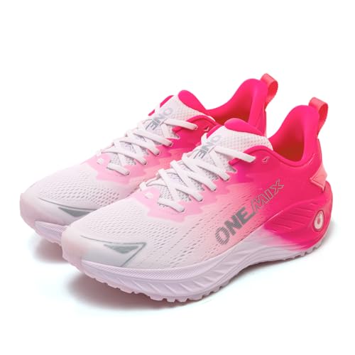 ONEMIX Lightweight Running Shoes for Wide Feet - SpaceFoam Shock Absorption & Anti - Breathable Knit Upper + S-Curve Heel 12 Pink