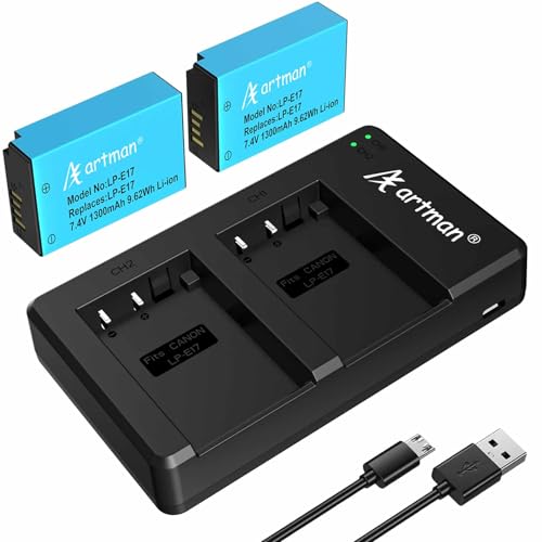 Artman LP-E17 Battery 2-Pack and Rapid Dual USB Charger for Canon EOS R100 R50 RP R10 R8, Rebel T8i, T7i, T6i, T6s, SL2 SL3, M3, M5, M6, 77D 200D 250D 750D 760D 800D 8000D Digital SLR Camera