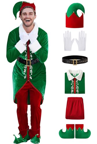 Arvilhill Men's New Year Elf Costume Christmas Vacation Santa Elf Outfits Classic Elf Suit 6Pcs Velvet Jacket Pants XL