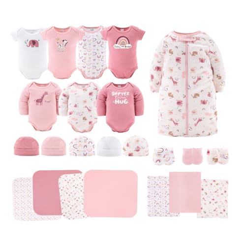 The Peanutshell Baby Layette Gift Set for Girls - 23 Piece New Born Girl Gift Set, Baby Clothes & Newborn Essentials Must Haves - Newborn Clothes 0-3 Months - Rainbow Safari