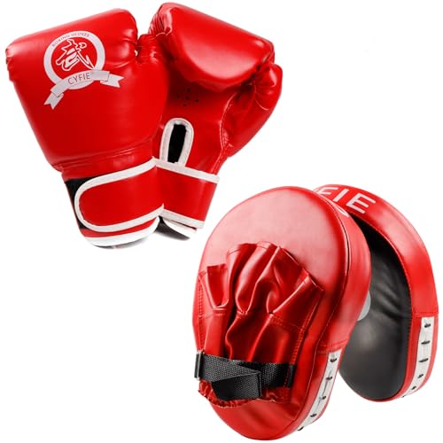 SEISSO 2-in-1 Kickboxing Gloves and Punching Mitts Set for Kids, Sports Boxing Gloves Boxing Pads, Kids Boxing Equipment Set for MMA, Karate, Muay Thai, Taekwondo Boxing Kit for Adults Children, Red