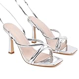 Mostrin Silver Strappy Heels for Women Lace Up Heels Tie Up Stiletto Heeled Sandals Square Open Toe High Heels for Prom, Party and Weddings Size 8