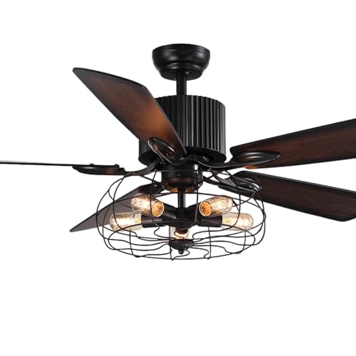 APBEAMLighting Industrial Caged Ceiling Fan Light with Remote Control 52 Inch Vintage Ceiling Fan Light Farmhouse Black Retro Indoor Fandelier with 5 Reversible Wood Blades for Living Room Bedroom