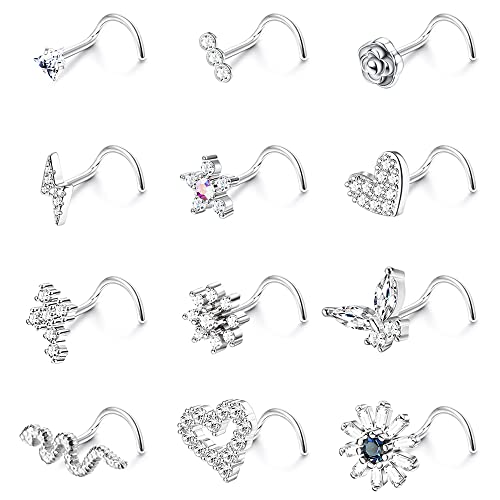 YADOCA 12 Pcs 20G Nose Studs Surgical Steel Screw Shaped Nose Rings Studs for Women Men CZ Heart Butterfly Flower Snake Nose Piercing Jewelry