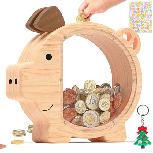 Summidate Wooden Piggy Bank for Kids Large Piggy Bank for Boys and Girls, Cute Unbreakable Wood Money Bank, Creative Saving Money Jar Personalized Present for Child Birthday Christmas & Decor