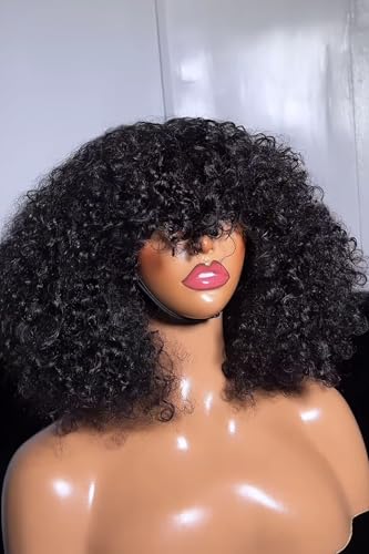 JasJewels Luxury Coily Curly Fringe Bang Wig, 100% Virgin Human Hair, 12 inches, 250% Density, No Lace, Glueless, Pre-styled, Can be Dyed, Bleached, Permed, Has Elastic Band and Adjustable Straps