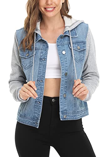 MISS MOLY Women's Casual Hoodie Denim Jacket Jean Jackets Coats W Pockets Light Blue M