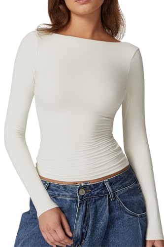QINSEN Long Sleeve Going Out Tops for Women Backless Boat Neck Double Lined Fitted Tee Shirts White S