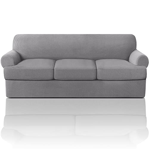 PrinceDeco T Cushion Sofa Slipcover 4 Pieces Sofa Covers for T Cushion Couch Soft Sofa Slip Covers Furniture Protector with 3 Individual T Shape Seat Covers (72"-90") Washable, Dove