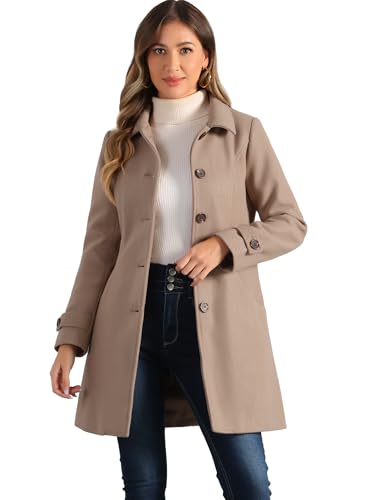 Allegra K Women's Winter Outerwear Overcoat Peter Pan Collar Mid-thigh A-line Single Breasted Pea Coat Medium Taupe khaki