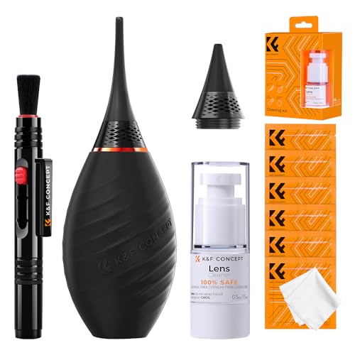 K&F Concept 10-in-1 Camera Lens Cleaning Kit for DSLR Camera Lens Filter Cell Phones with Advanced Silicone Air Blower*1+Short Nozzle*1+Long Nozzle*1+Cleaning Cloth*6+Cleaning Pen*1+15ML Cleaner*1