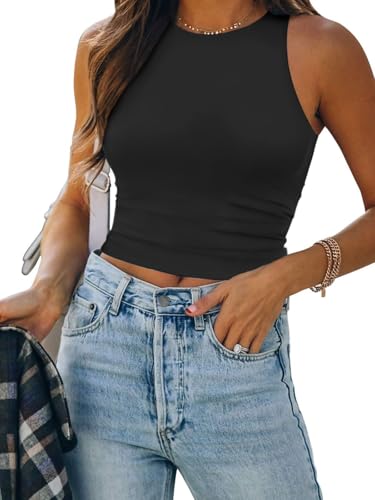 ATHMILE Black Tank Top Woman Double Lined Crop Tops Casual Basic Shirts Sleeveless Trendy Tops Going Out Tops