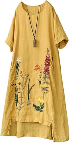 Minibee Women's Embroidered Linen Dress Summer A-Line Sundress Hi Low Tunic Clothing Yellow XL