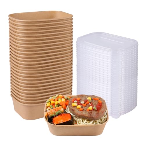 JAYEEY 22OZ Disposable Kraft paper bowls with lids, Rectangle Food containers Soup Bowls Party Supplies Treat Bowls 50 PACK