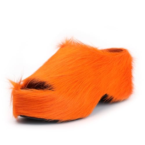 XOBZJH Long-Hair Calfskin Chunky Clog Slide for Women - Memory Foam Luxury Slip on Shoes Women's Mules & Platform Clogs,Designer Mules for Women 2024 Orange