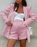 Cicy Bell Womens 2 Piece Tweed Blazer Shorts Sets Long Sleeve Double Breasted Suit Jackets Business Outfit Pink, XX-Large