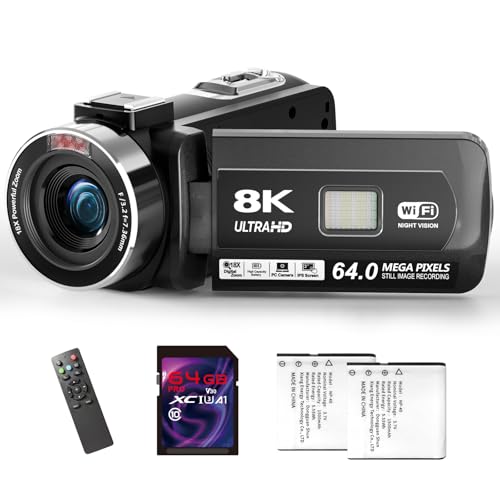 8K Video Camera - UHD 64MP Camcorder with 64GB SD Card & WiFi 18X Digital Zoom Vlogging Camera with IR Night Vision for YouTube, 3" Touch Screen with Fill Light, Lens Hood, Remote and 2 Batteries