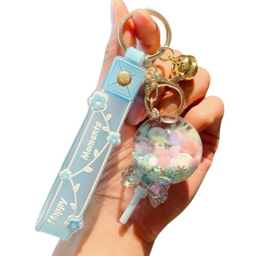 HSYHERE Girls Women Creative Beautiful Floating Candy Lucky Lollipop Bottle Keychain Keyrings, Lovely Moving Liquid Sand Acrylic Metal Car Key Chain Key Ring Bag Pendant Decoration Key Holder -Blue