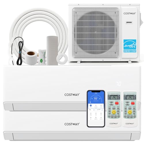 COSTWAY 18k Dual 2 Zone Mini Split Air Conditioner, 22 SEER2 12000 BTU+ 12000 BTU, 208-230V, Wifi Enabled Multi Zones Mini Split AC Heat Pump Full Set, Ductless Energy Star
