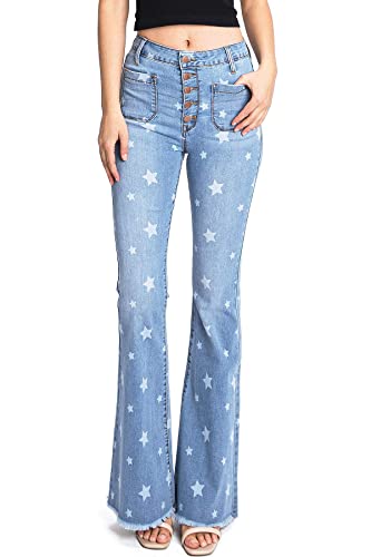 Angry Rabbit Women's Juniors High Waist Stretchy Premium Flare Jeans (25, Star Medium Denim)