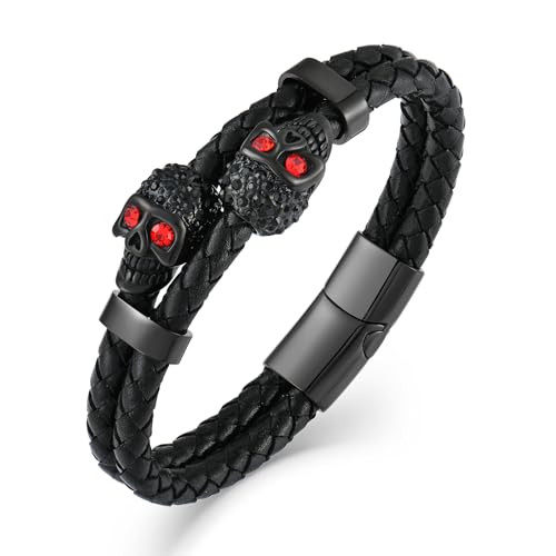Veshon Mens Leather Skull Bracelet, Double Row Braided Two Black Skull Skeleton Bracelet Cuff Bangle Gift for Mens Gothic Punk Rock Jewelry, 8.3 inch