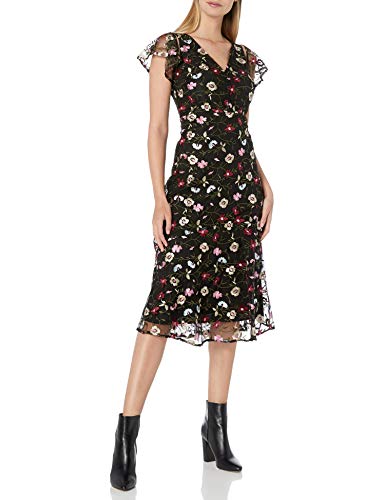 Sam Edelman Women's Short Sleeve Embroidered Mesh Midi Dress, Black Multi, 2