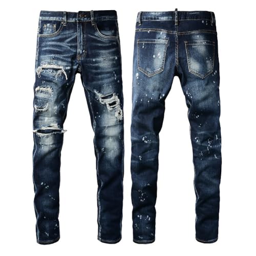 Mens Ripped Jeans Skinny Patchwork Distressed Biker Pants Denim Trousers Graffiti Painted Stretchy Jean (US, Waist, 30, Regular, Blue)
