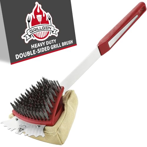 GRILLGEN Grill Brush and Scraper -Heavy Duty Double-Sided with Steam Cleaner Head for Porcelain，Cast Iron, Stainless Steel Grates, Outdoor BBQ Grill Cleaner Accessories