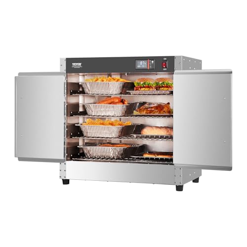 VEVOR Hot Box Food Warmer, 4-Tier Concession Warmer with Water Tray, 4 Pans, Double-Door and Adjustable Shelves, Stainless Steel Food Warmer Cabinet, Ideal for Storing Pizza, Chicken, Restaurant