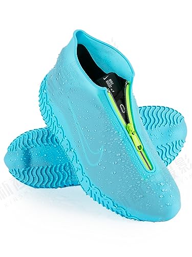 Zbyoujer Waterproof Rain Shoe Covers, Silicone Overshoes with Zipper Non-slip Galoshes for Men and Women (L (Women 8-12, Men 7-11), Blue)