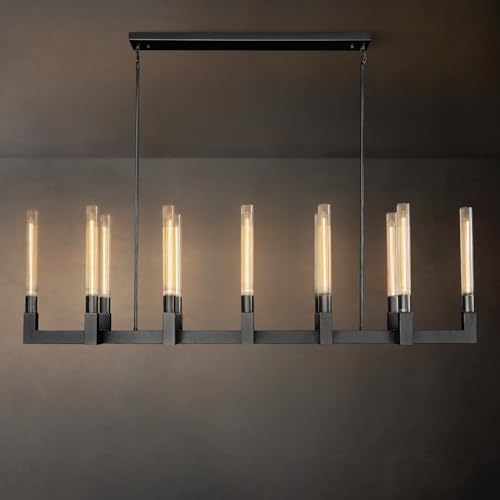 YUEXPAND Black 12-Lights Modern Chandelier with Glass Tube, 54in Chandeliers Rectangular Luxurious Large Chandelier Fixture Ceiling Pendant Lighting for Dining Living Room, Foyer