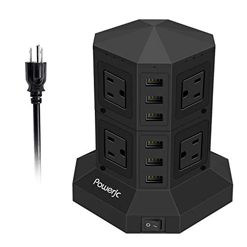 Tower Power Strip Surge Protector 8 AC Outlets with 6 USB Ports Chargers 10 Feet Long Extension Cord Indoor Black-Powerjc
