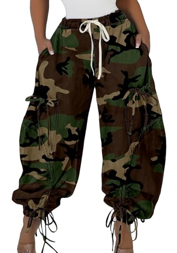 Voghtic Women's Baggy Y2K Elastic Waisted Jeans Bow-Knot Drawstring Pull-On Cargo Denim Pants Harem Pants Streetwear Camo