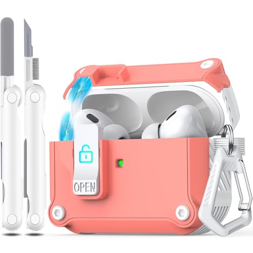 R-fun Compatible with AirPods Pro 2nd Generation 2023(USB-C),2022(Lightning Cable),1st Gen 2019 Charging Case, Full Drop Protection Auto Pop-Up Lid Design with Cleaner Kit,White/Pink Peach