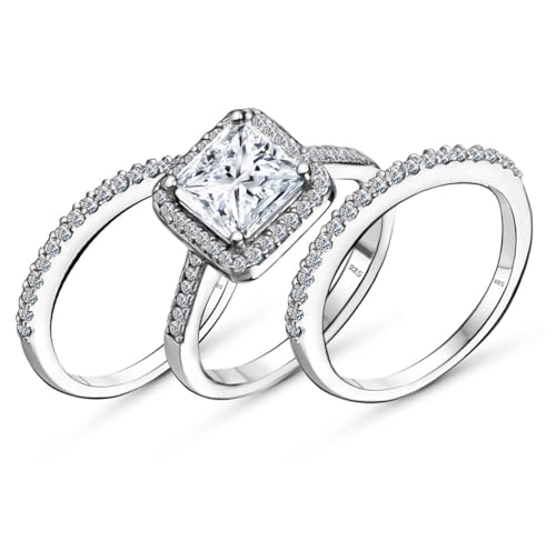 Solid Genuine 925 Sterling Silver Cubic Zirconia Bridal Rings Sets Princess Cut Solitaire CZ Engagement Rings Wedding Band For Women (Ring Set F, 7)