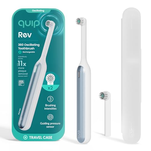 quip Rev 360 Oscillating Rechargeable Electric Toothbrush with Extra Brush Head - Soft Bristles, Pressure Sensor, 3 Intensities, 30-Day Battery Life, 2-Min Timer, Travel Case, Mirror Mount - Blue Mist