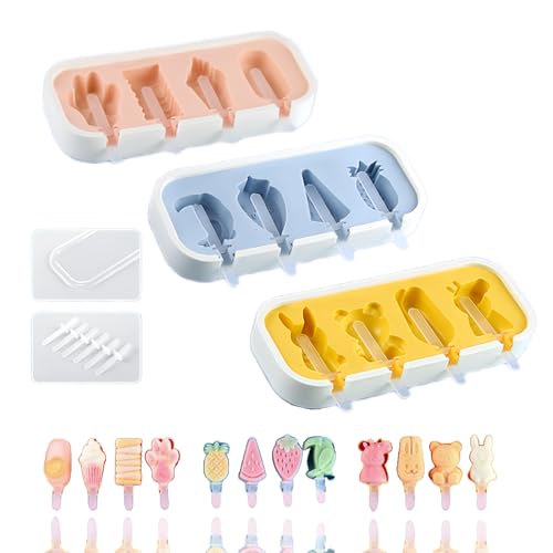 Cartoon Shape Popsicles Molds 3Pcs Cute Ice Cream Mold Maker Easy-Release Homemade Ice Pop Tray Silicone with Lid & Stick (Ice Cream+Fruit+Cartoon)…