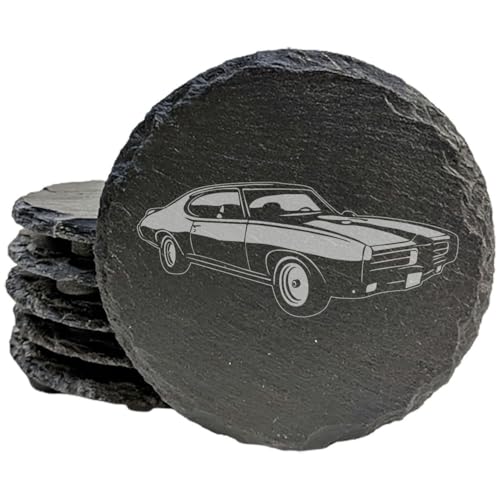 1969 Pontiac GTO "Judge" Design Rustic Gray Slate Coasters Set of 8, Laser Etched, Round or Square 4", Natural Chipped Edge with Rubber Feet, Perfect Gift for Holidays, Birthdays, Housewarming