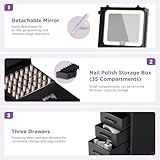 EASYINBEAUTY Rolling Portable Manicure Table with 3 Drawers, Mirror & Nail Polish Organizer, Lockable Makeup Train Case with Foldable Nail Desk, Cosmetic Travel Case for Workstation Mobile, Nail tech