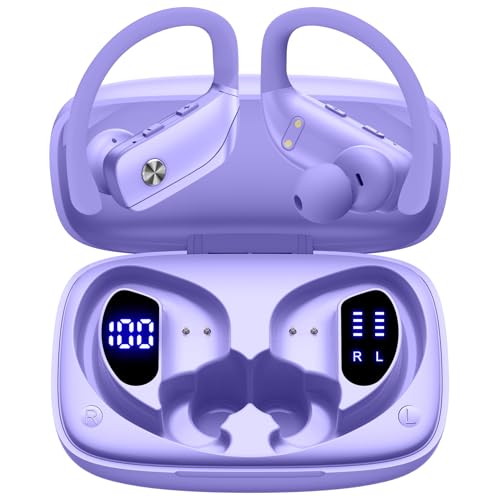 bmani Wireless Earbuds Bluetooth Headphones 48hrs Play Back Sport Earphones with LED Display Over-Ear Buds with Earhooks Built-in Mic Headset for Workout Purple