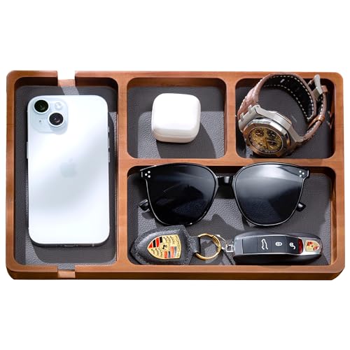 Shinpuru Wooden Valet Tray with Leather Inlay - Nightstand & Desk Organizer - EDC Essentials Catchall Tray for Keys, Phone, Wallet, Watch, Earbuds - Stylish Storage (Wood)