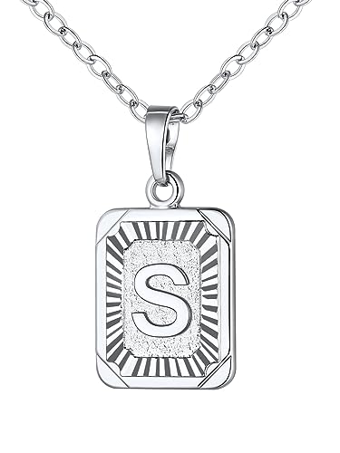U7 A-Z 26 Letters Pendant Men Womens Fashion Jewelry Platinum Plated Square Pendants Capital Initial Necklace (S)
