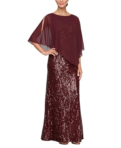 S.L. Fashions Women's Long Length Sequin Lace Beaded Capelet Dress, Formal Evening Gown, (Petite and Regular Sizes), Fig