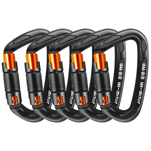 AINIKEY Climbing Carabiner Clips 25kN Auto Locking Carabiner, Professional Heavy Duty Large Locking Carabiner Clips for Rock/Ice Climbing Rappelling Rescue Swing etc, D Shaped, Large Size（‎Black-5PCS）