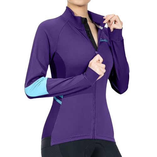 Santic Women's Cycling Jacket Thermal Windproof Windbreaker Reflective Lightweight with Pockets for Biking Running,Purple,L