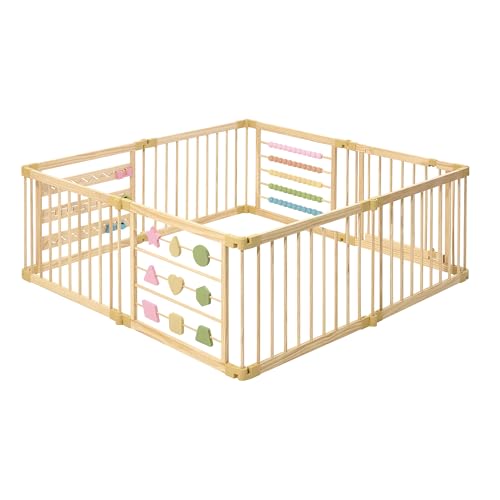 Wooden Playpen Extra Large for Toddlers and Babies - Foldable, Expandable, Adjustable - 8-10 Panels - Natural Wood - Unisex - Playpen