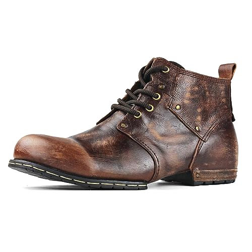OSSTONE Moto Boots for Men Fashion lace-up Leather Chukka Boots Casual Shoes OS-6015-2-retro-brown-10-R，Retro Brown, Men's Size US10