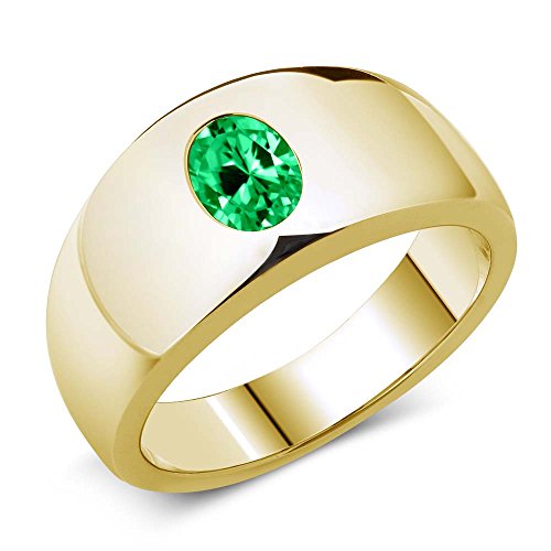 Gem Stone King Men's 18K Yellow Gold Plated Silver Green Simulated Emerald Rings Ring For Men | 2.10 Cttw | Oval 8X6MM | Gemstone May Birthstone | Size 10